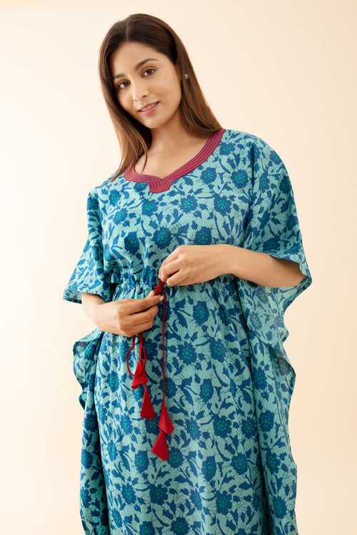 Abstract Floral Printed Kaftan with Front tie up Drawstring Blue