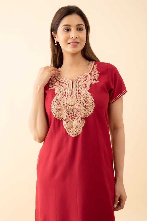 Solid Nighty With Contrast Floral Embroidered Yoke Maroon