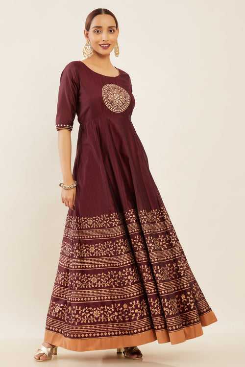 Floral Scroll Placement Embroidered Panelled Anarkali Brown
