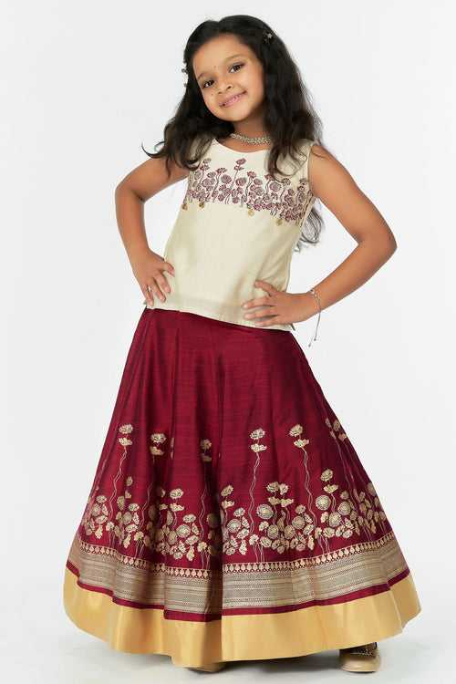 Floral Embroidered Sleeveless Top Printed Skirt Set Off White Maroon