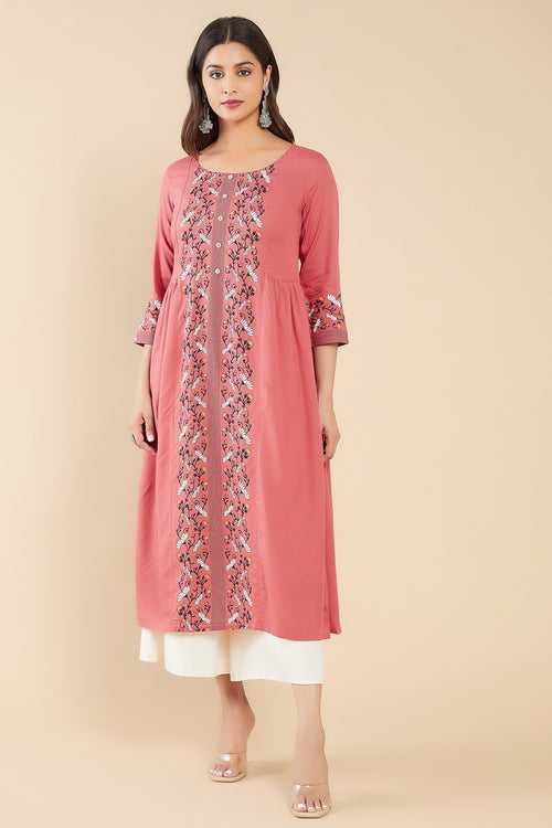 Scroll Floral Printed Kurta Peach