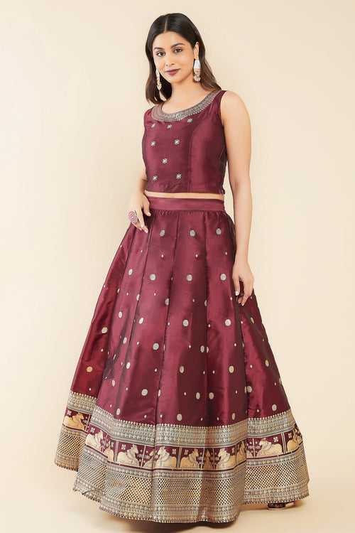Geometric Printed Crop Top Nandhi Motif Printed Skirt Set Brown