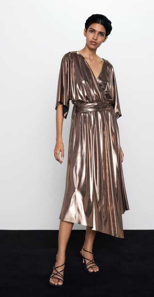 Zara Bronze Metallic Long Dress Size Small
