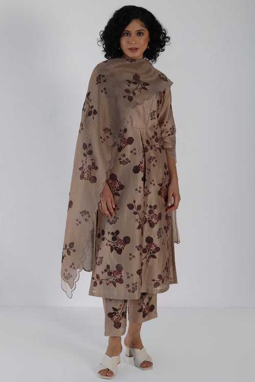 Beige Tunic in Lavender Sakura Print Silk Chanderi With Scalloped Sleeve And Silk Chanderi Pants