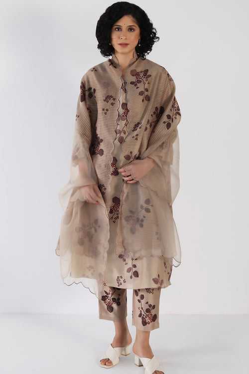 Beige Tunic in Lavender Sakura Print Silk Chanderi And Silk Chanderi Pants