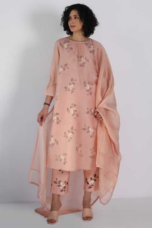 Old Rose Tunic in Lavender Sakura Print Double Layered In Organza And Silk Chanderi And Silk Chanderi Pants