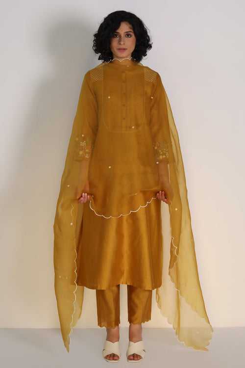 Silk Chanderi Tunic With Hand Embroidery Sleeve Detail And Silk Chanderi Pants