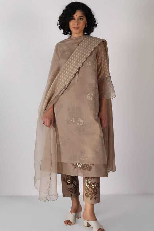 Tonal Yuri Print Double Layered Tunic In Cotton Chanderi And Silk Chanderi And Silk Chanderi Pants