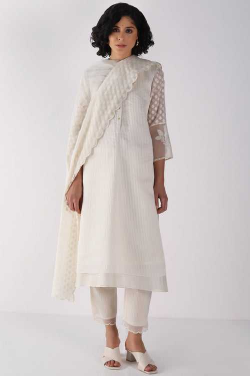 Stripe Organza double layer Tunic With Bara Embroidery Sleeve Detail And Stripe Organza Pant with Dupatta