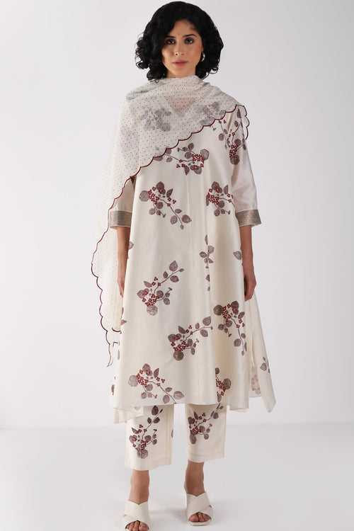 Ivory Tunic in Lavender Sakura Print Silk Chanderi And Silk Chanderi Pants