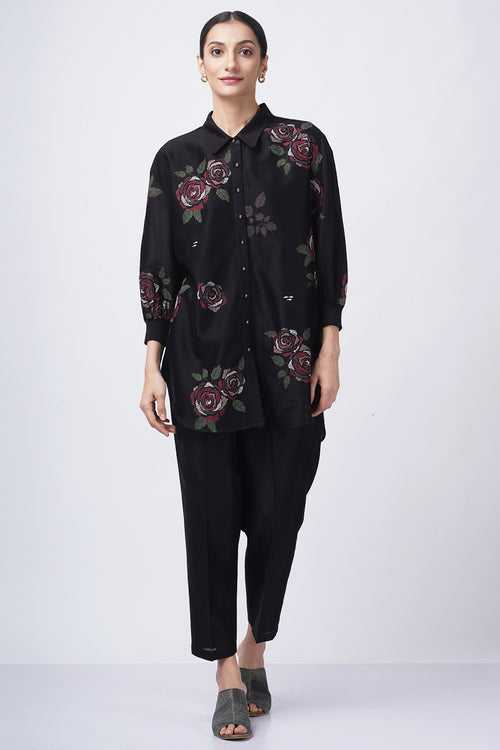 Multicolor rose printed shirt with fish embroidery with solid pant