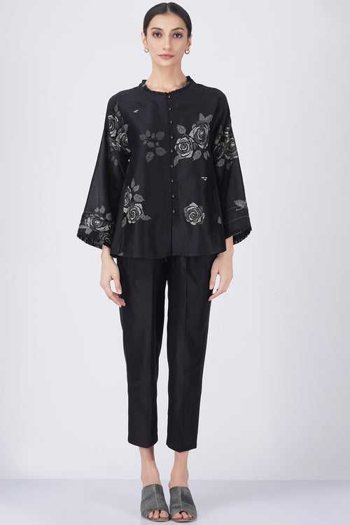 Grey shade rose printed shirt with fish embroidery with solid pant
