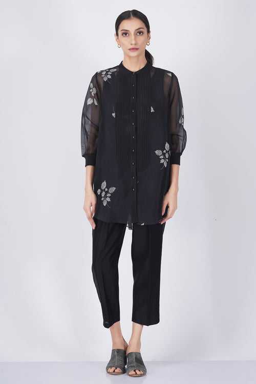 Ivory leaf printed organza shirt with solid pant