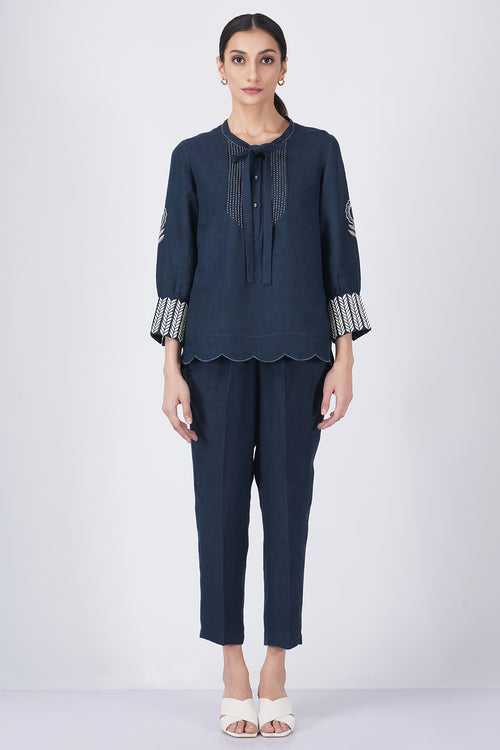 Sunflower sleeve embroiderd top with straight pant