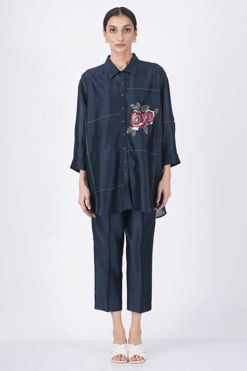 Hand embroiderd rose shirt with straight pant