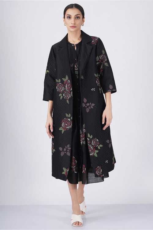 Multicolor rose print pleated dress with Multicolor rose printed quilted jacket