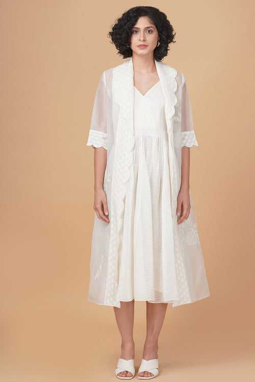Bara embroidery jacket in silk organza and solid overlap dress in stripe organza