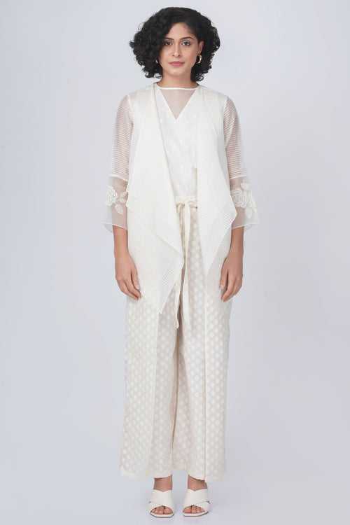 Double layer jacket with bara embroidery sleeve detail in stripe organza and overlap flayer pant in brocade silk