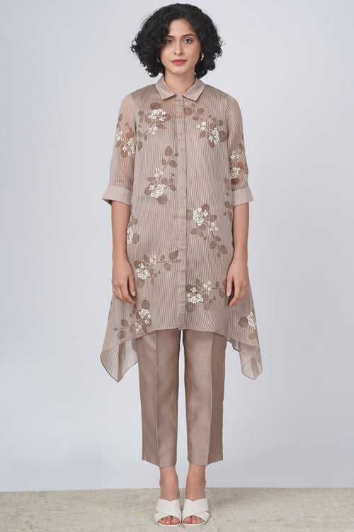 Sakura print stripe organza shirt with embroidery and straight pant in silk chanderi