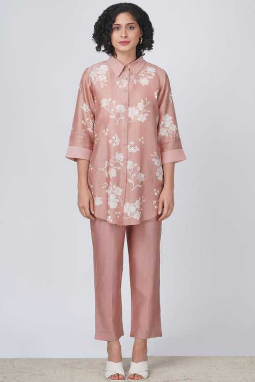 Yuri print silk chanderi shirt with flower embroidered and silk chanderi pant