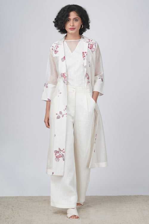 Sakura print stripe organza jacket  and flayer pant in linen