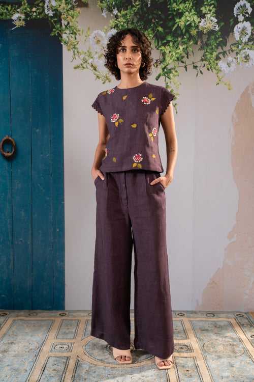 Dahlia  Print Embroidered  Top And Pant Set In Linen