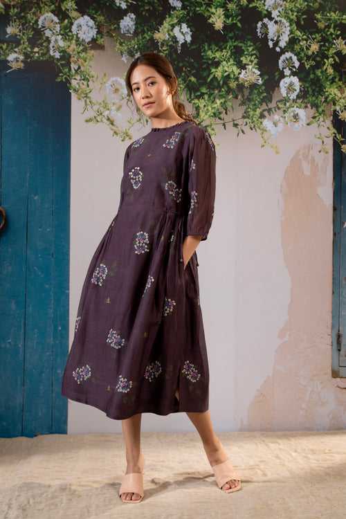Dahlia  Print  Dress With Side Strings In Chanderi