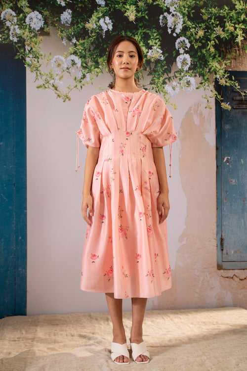 Rosette Print Box Pleated Dress In Chanderi