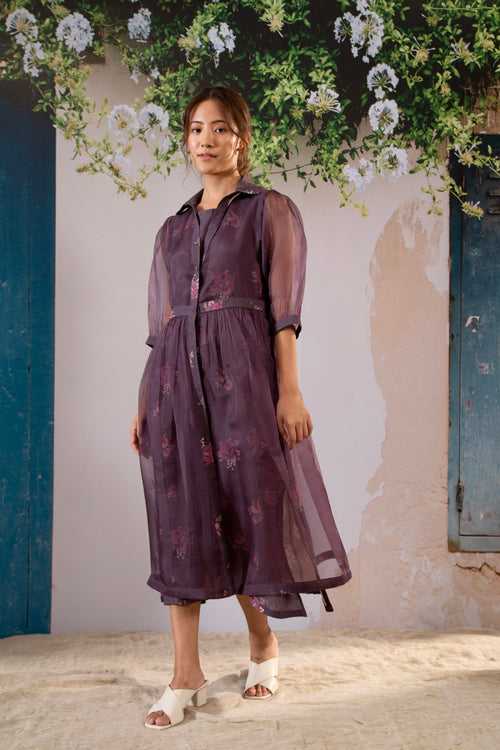 Rosette Print Dress And Gathered Jacket Set In Organza And Linen