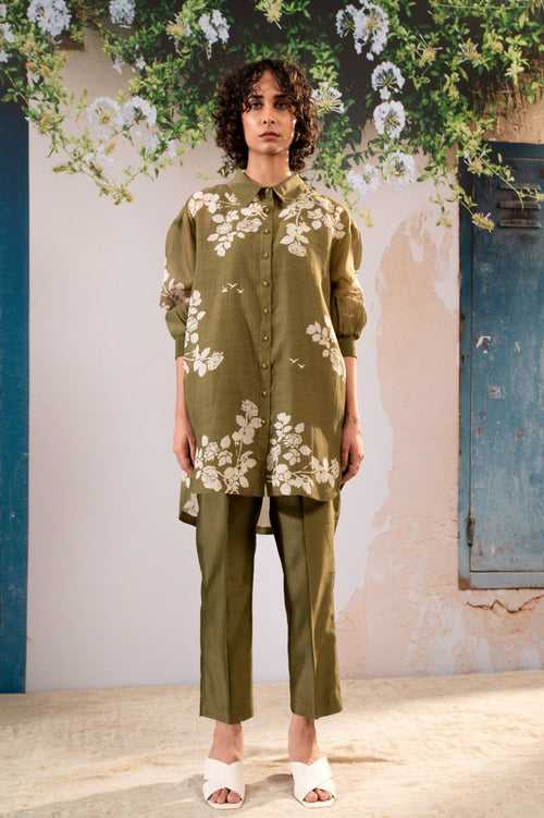 Discharge Print Oversized Shirt And Pant Set In Chanderi