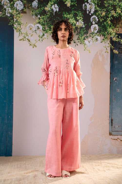 Dahlia Print Pleated Top And Flare Pant Set In Pure Chanderi And Linen