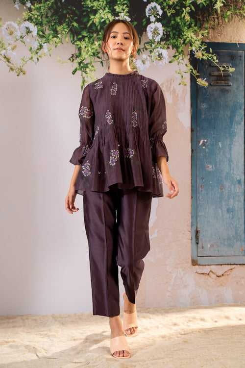 Dahlia  Print Pin Tucked Top And Pant  Set In Chanderi
