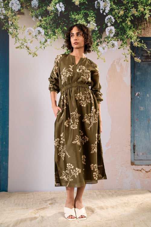 Discharge Print  Dress With Elasticated Waist In Chanderi