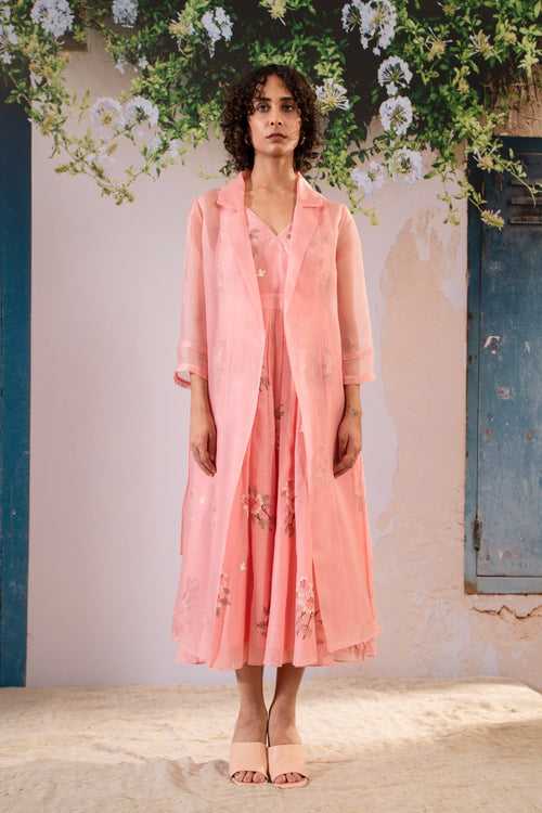 Dahlia Print Strap Dress With Solid Organza Jacket In Organza And Chanderi