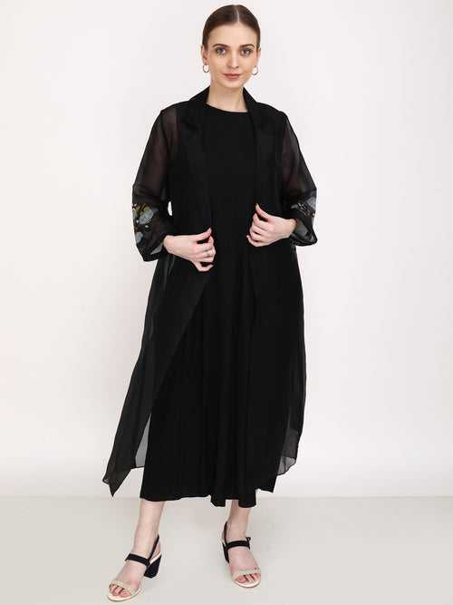 Solid Jumpsuit with Embroidered Sheer Black Organza Jacket