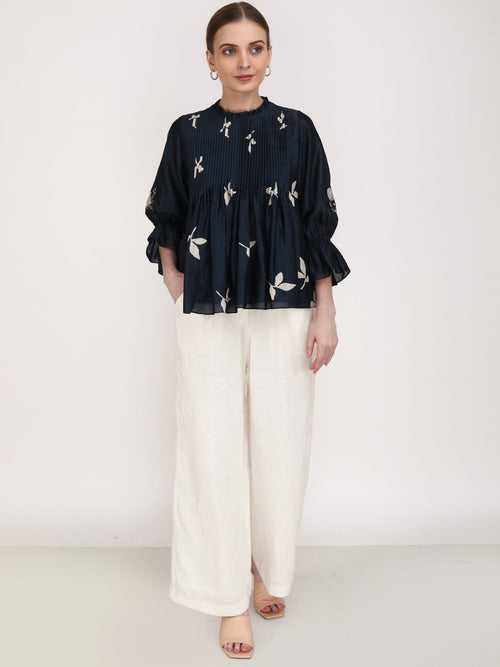 Leaf Print Front Pleated Top with Ivory Pants