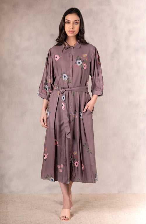 Coffee Eden Print  Dress  In  Bemberg   With Hand Embroidery Details