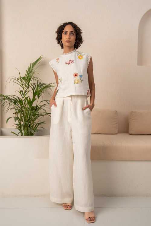 IVORY EMBROIDERED SHIRT + SOLID LINEN PANTS