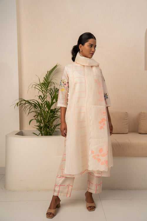IVORY AND PINK CHECKS DOUBLE LAYER TUNIC AND PANT WITH DUPATTA