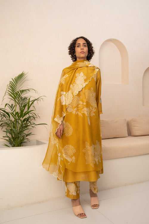 OCHRE FLORAL DOUBLE LAYERED TUNIC AND PANT WITH DUPATTA