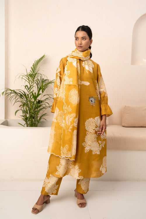 OCHRE FLORAL PRINTED TUNIC AND PANT WITH DUPATTA