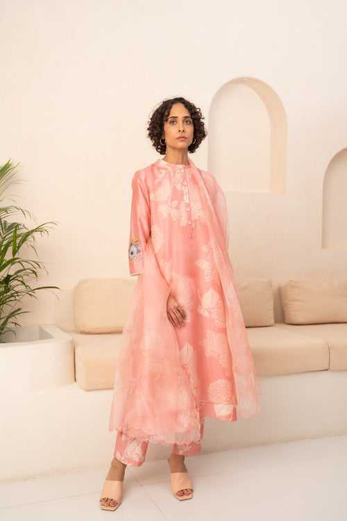 PINK FLORAL DOUBLE LAYERED TUNIC AND PANT WITH DUPATTA