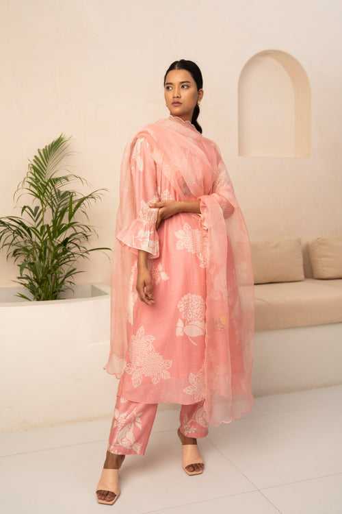 PINK FLORAL PRINTED TUNIC  AND PANT WITH DUPATTA