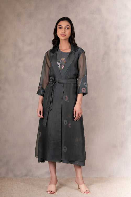 Forest Green Eden Print  Dress And Jacket Set   In  Bemberg    And Silk Organza With Hand Embroidery Details