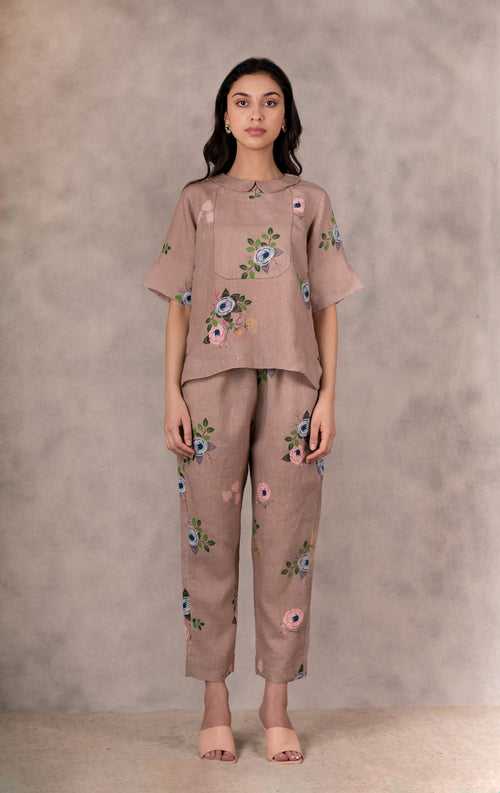 Eden Print Co- Ord Set In Linen With Hand Embroidery Details