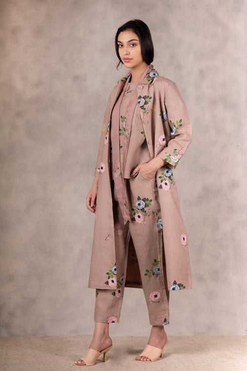 Almond Eden Print Top  , Pants And Jacket Set   In Linen With Hand Embroidery Details