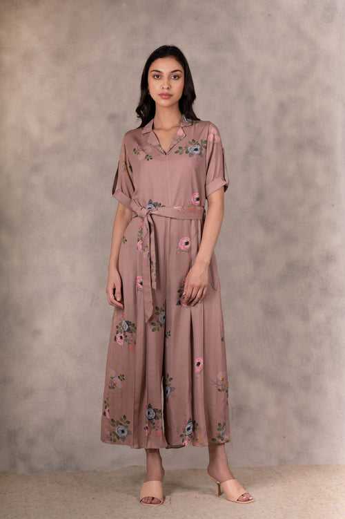 Almond Eden Print  Jumpsuit  In  Bemberg   With Hand Embroidery Details