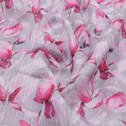 Gorgeous Pink and White Floral Printed Kota Doria Fabric Material