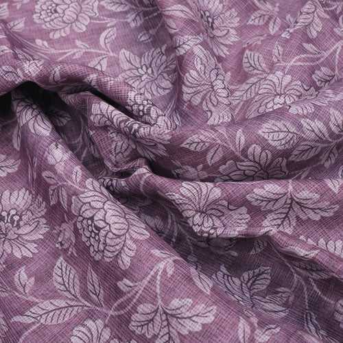 Gorgeous Kota Doria Digital Print Fabric with Purple and Cream Floral & Leaves Design