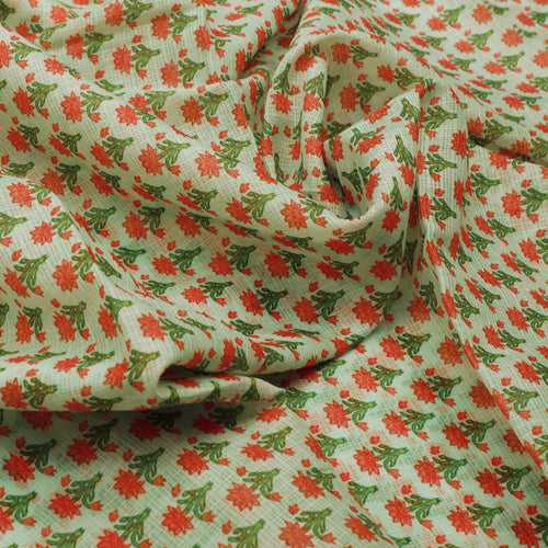 Gorgeous Damask Floral Print in Green and Orange on Kota Doria Fabric Material